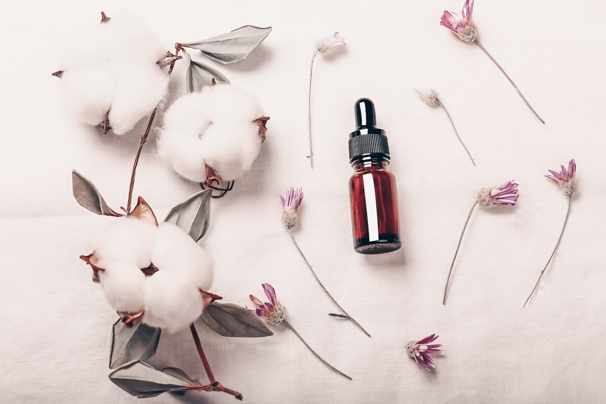 Abstract cosmetic laboratory. Bottles of dark amber glass on a white background organic flax. Natura